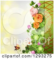 Poster, Art Print Of Floral Background With Roses Shamrocks And A Monarch Butterfly With Bokeh Flares