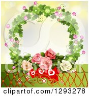 Poster, Art Print Of Valentines Day Background Of Heart Cards Lattice And Roses In A Clover Wreath
