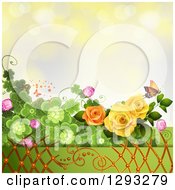Poster, Art Print Of Floral Background With Roses Shamrocks Lattice And A Monarch Butterfly With Bokeh Flares