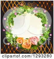 Clipart Of A Shamrock Wreath With Blossoms And Roses With Lattice On Black Royalty Free Vector Illustration