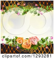 Poster, Art Print Of Floral Background With Roses Shamrocks Blossoms And Lattice