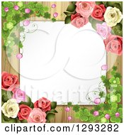 Poster, Art Print Of Blank White Piece Of Paper Over Wood And Framed With Shamrocks Blossoms And Roses