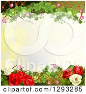 Poster, Art Print Of Floral Background With White And Red Roses Shamrocks And A Lattice With Text Space