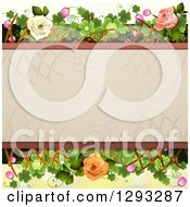 Poster, Art Print Of Floral Background With White Pink And Peach Roses Shamrocks Lattice And Blossoms With Text Space