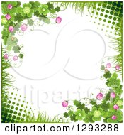 Poster, Art Print Of St Patricks Day Background With Grass Halftone Shamrocks Clover Flowers And Ladybugs
