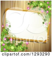 Clipart Of A Slanted Frame With Grass And Halftone With St Patricks Day Shamrocks Clover Flowers And Ladybugs On Wood Royalty Free Vector Illustration
