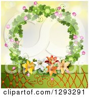 Clipart Of A Shamrock Wreath With Blossoms And Lilies Over Lattice Royalty Free Vector Illustration