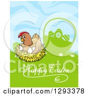 Poster, Art Print Of Nesting Hen By A Silhouetted Basket In Grass With Happy Easter Text