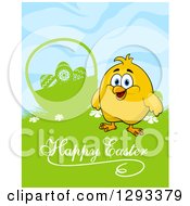 Poster, Art Print Of Yellow Chick By A Silhouetted Basket In Grass With Happy Easter Text