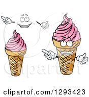 Poster, Art Print Of Cartoon Ice Cream Cones With Strawberry Frozen Yogurt A Face And Hands