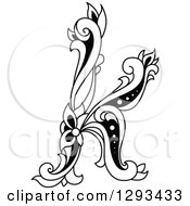 Clipart Of A Black And White Vintage Lowercase Floral Letter K Royalty Free Vector Illustration