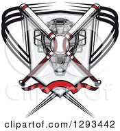 Clipart Of A White And Red Baseball And Crossed Bats Over A Catchers Mask And Shield With A Banner Royalty Free Vector Illustration