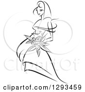 Clipart Of A Sketched Black And White Bride Holding A Bouquet Of Flowers And Facing Left Royalty Free Vector Illustration
