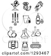 Clipart Of Black And White Pharmaceutical Medical And Science Icons Royalty Free Vector Illustration