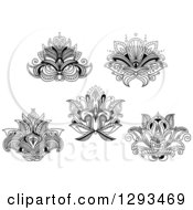 Clipart Of A Black And White Henna Lotus Flowers 3 Royalty Free Vector Illustration