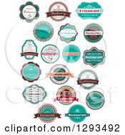 Poster, Art Print Of Retro Peach White Brown And Turquoise Restaurant Label Designs With Sample Text
