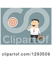 Poster, Art Print Of Flat Design Of A White Businessman Throwing A Dart At His Goal Board On Blue