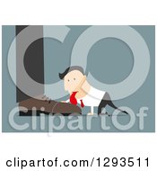 Poster, Art Print Of Flat Design Of A White Businessman Licking The Shoe Of His Boss On Blue