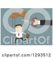 Poster, Art Print Of Flat Design Of A White Businessman Being Cut From Marionette Strings Over Blue