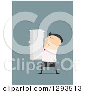 Poster, Art Print Of Flat Design Of A White Businessman Carrying A Huge Stack Of Paperwork On Blue