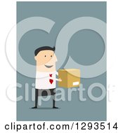 Poster, Art Print Of Flat Design Of A White Businessman Holding Out A Box On Blue