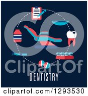 Poster, Art Print Of Flat Design Of A Dentist Chair And Items Over Text On Dark Blue