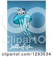 Poster, Art Print Of Happy Blue Jellyfish Over Text And Blur