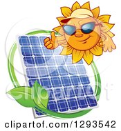 Poster, Art Print Of Sun Character Wearing Shades And A Visor And Giving A Thumb Up Over A Solar Panel Encircled With A Swoosh And Green Leaf