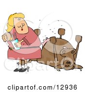 Woman Eating A Hamburger By A Dead Cow Clipart Illustration