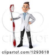 Clipart Of A 3d Young Brunette White Male Dentist With A Giant Toothbrush Royalty Free Illustration