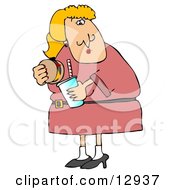 Fat Blond Woman Eating A Cheeseburger And Drinking A Soda Pop Clipart Illustration