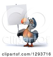 Clipart Of A 3d Bespectacled Dodo Bird Holding And Looking Up At A Blank Sign Royalty Free Illustration