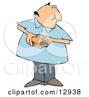 Chubby Man Eating A Fast Food Cheeseburger Clipart Illustration