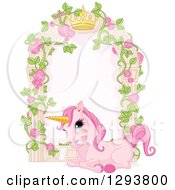 Poster, Art Print Of Cute Pink Unicorn Resting By A Rose Garden Arbor With A Crown