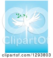 White Dove Flying With A Branch Over A Cross And Blue Rays