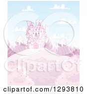 Poster, Art Print Of Path Leading To A Fairy Tale Castle On A Pink Hill With Snow Capped Mountains