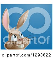 Holiday Clipart Of A Happy Brown Easter Bunny Rabbit Looking Up To Text Space On Blue Royalty Free Vector Illustration