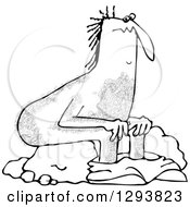 Lineart Clipart Of A Black And White Hairy Caveman Pooping And Sitting On A Rock Royalty Free Outline Vector Illustration