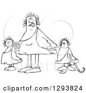 Lineart Clipart Of A Black And White Mad Chubby Cavewoman Mom With Two Trouble Maker Children Royalty Free Outline Vector Illustration