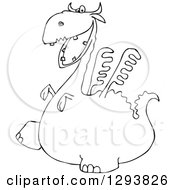 Lineart Clipart Of A Black And White Dragon Walking To The Left Royalty Free Outline Vector Illustration