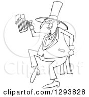 Lineart Clipart Of A Black And White Drunk St Patricks Day Leprechaun Dancing With Beer Royalty Free Outline Vector Illustration