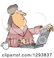 Poster, Art Print Of Caucasian Woman In Her Robe Sitting With Coffee And Using A Laptop Computer