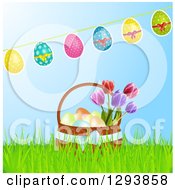 Poster, Art Print Of Banner Of Decorated Easter Eggs Over A 3d Basket With Tulip Flowers In Grass Over Blue