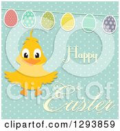 Poster, Art Print Of Happy Chick With Happy Easter Text And An Egg Bunting On Polka Dots