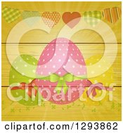 Poster, Art Print Of Background Of Polka Dot Easter Eggs Vines And A Heart Bunting With Rays On Wood
