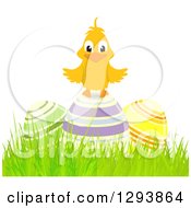 Poster, Art Print Of Happy Chick On 3d Colorful Striped Easter Eggs In Grass
