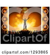 Poster, Art Print Of Silhouetted Male Musician Cheering Under A 3d Gold Disco Ball With Hands Of Concert Fans And Music Speakers
