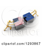Poster, Art Print Of 3d Gold Mannequins Pushing American And European Flag Puzzle Pieces Together To Find A Solution