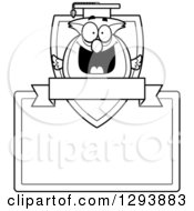 Poster, Art Print Of Badge Or Label Of A Black And White Happy Professor Owl Over A Shield Blank Sign And Banner