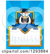 Poster, Art Print Of Badge Or Label Of A Happy Professor Owl Over A Shield Blank Sign And Banner With Blue Rays